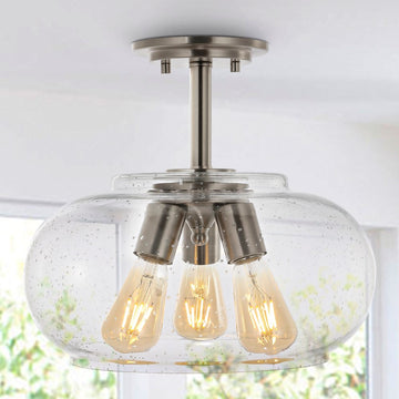 Lina 13.75" Modern Industrial Iron/Seeded Glass LED Semi Flush Mount - JONATHAN Y